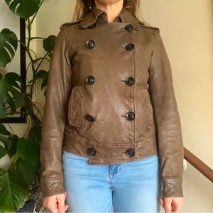 Vintage Gap Green Genuine Leather Moto Pea Coat Double Breasted Jacket XS